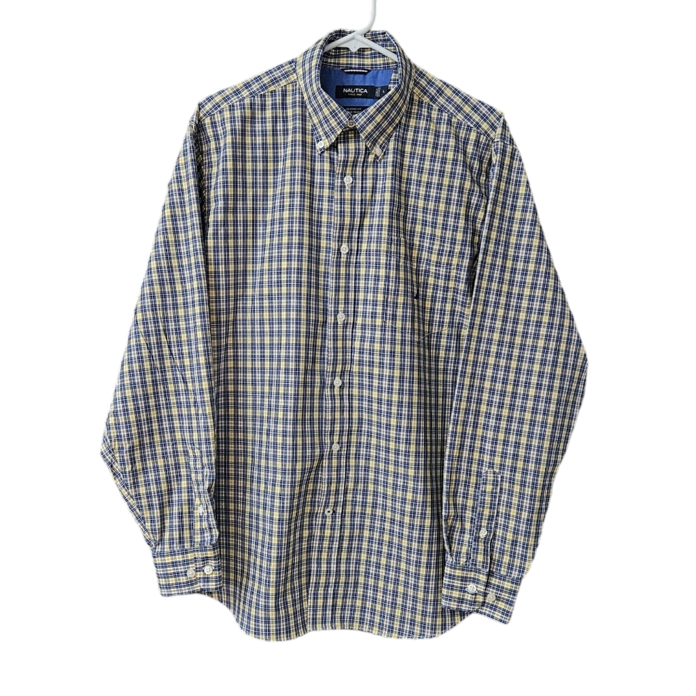 Nautica Men's Button Down Shirt Classic Fit Wrinkle Resistant Large Plaid Yellow